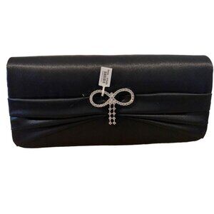 New Satin Black Jeweled Evening Clutch, Rhinestone Embellishment & Pleats